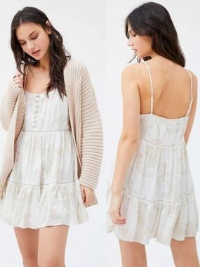 Urban Outfitters White Floral Tiered Spaghetti-Strap Mini Dress